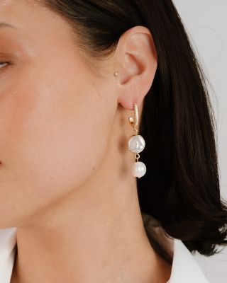 Cultured Freshwater Pearl & Cubic Zirconia Double Drop Earrings