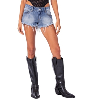 Edikted Erika Low Rise Frayed Denim Shorts In Blue