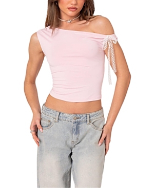 Shop Edikted Lace Bow Asymmetric Top In Pink