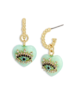Shop Kurt Geiger Signature Evil Eye Heart Charm Huggie Hoop Earrings In Green/gold