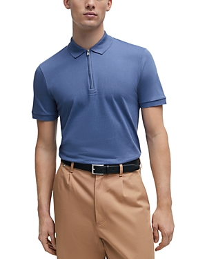 Shop Hugo Boss Polston 35 Cotton Slim Fit Quarter Zip Polo Shirt In Open Blue