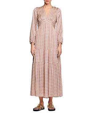 Sandro Jayane Dot Print Tiered Maxi Dress In Ecru  Pink