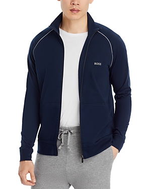 Shop Hugo Boss Mix & Match Cotton Blend Full Zip Jacket In Dark Blue