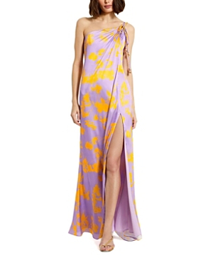 Printed Charmeuse One Shoulder Gown with Slit