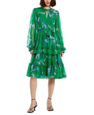 Mac Duggal - Printed Chiffon Bishop Sleeve Ruffle Midi Dress