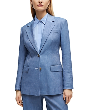 Hugo Boss Women's Single-breasted Jacket In Linen, Cotton And Stretch In Light Pastel Blue