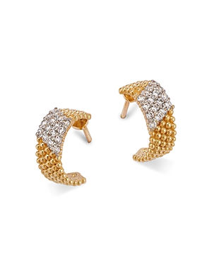Diamond & Beaded Small Half Hoop Earrings in 14K Yellow Gold, 1.30 ct. t.w.