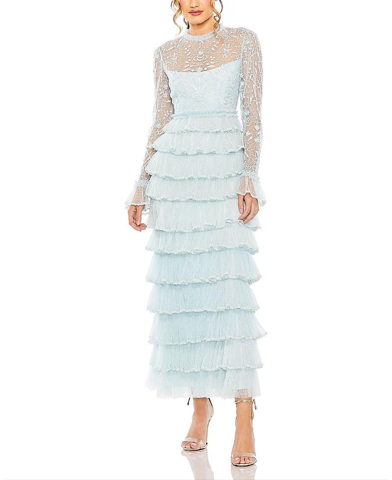 Mac Duggal Embroidered Long Sleeve Ruffled Tiered Dress In Seafoam