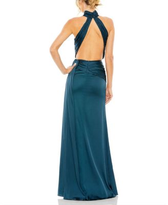Open Back High Neck Side Ruched Gown