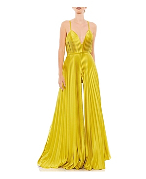 Mac Duggal Pleated Plunge Neck Wide Leg Jumpsuit In Yellow