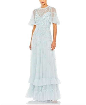 Shop Mac Duggal Ruffled Floral Embellished Flutter Sleeve A-line Gown In Powder Blue
