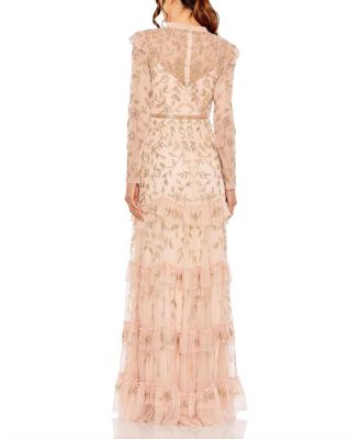 High Neck Flutter Cap Long Sleeve Tiered Embellished Gown