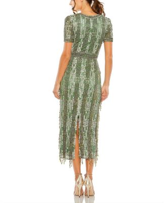 MAC DUGGAL クリスタルフリンジ シースドレス Blue High Neck Short Sleeve Crystal Fringe Column Dress