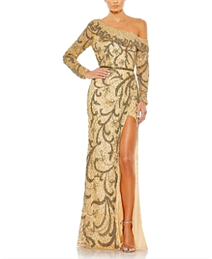 Embellished One Shoulder Long Sleeve Faux Wrap Gown