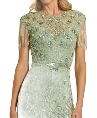 Mac Duggal High Neck Sleeveless Beaded Fringe Fitted Gown