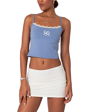 Shop Edikted Lucky Girl Lace Trim Tank Top In Blue