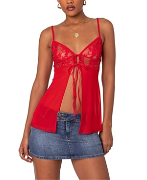 Shop Edikted Mimosa Sheer Lace Long Tank Top In Red