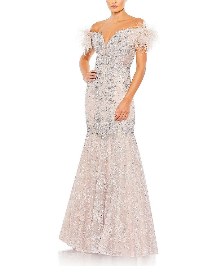 Mac Duggal Feathered Crystal Embellished Sleeveless Gown | Bloomingdale's