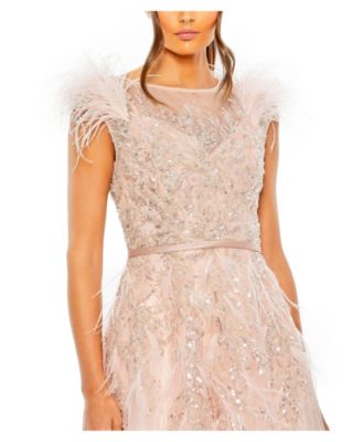 High Neckline Feather Detail Beaded Gown