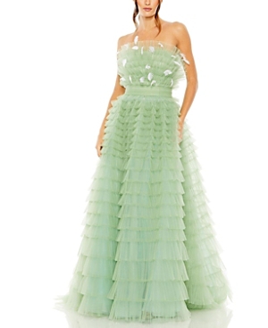 Shop Mac Duggal Strapless Feathered Ruffle Gown In Sage