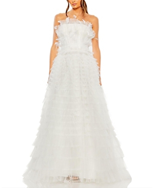 Mac Duggal Strapless Feathered Ruffle Gown In White
