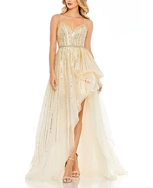 Shop Mac Duggal Embellished Sleeveless Draped A Line Gown In Gold Silver
