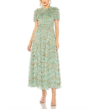 Shop Mac Duggal Ruffle Tiered Short Sleeve A Line Dress In Sage Multi