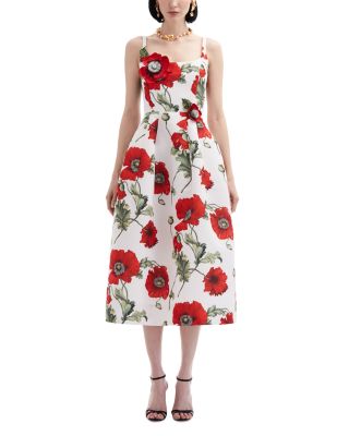 Oscar de la Renta Threadwork Embroidered Poppies Faille Dress