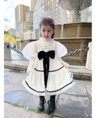 Girls' Aurora Ivory Velour Dress with Tulle Puff Sleeves - Baby, Little Kid, Big Kid