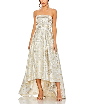 Brocade Strapless Golden Floral High Low Gown