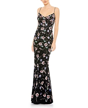 Shop Mac Duggal Embellished Spaghetti Strap Lace Up Gown In Black Multi