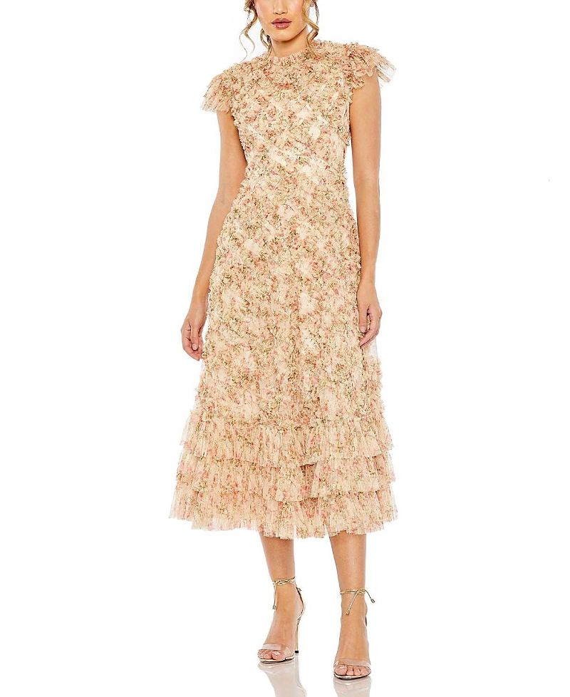 Mac Duggal Ruffle Tiered Short Sleeve A Line Dress In Yellow