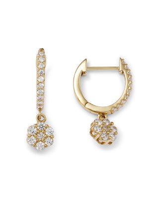 Diamond Flower Dangle Hoop Earrings in 14K Yellow Gold, 0.75 tcw