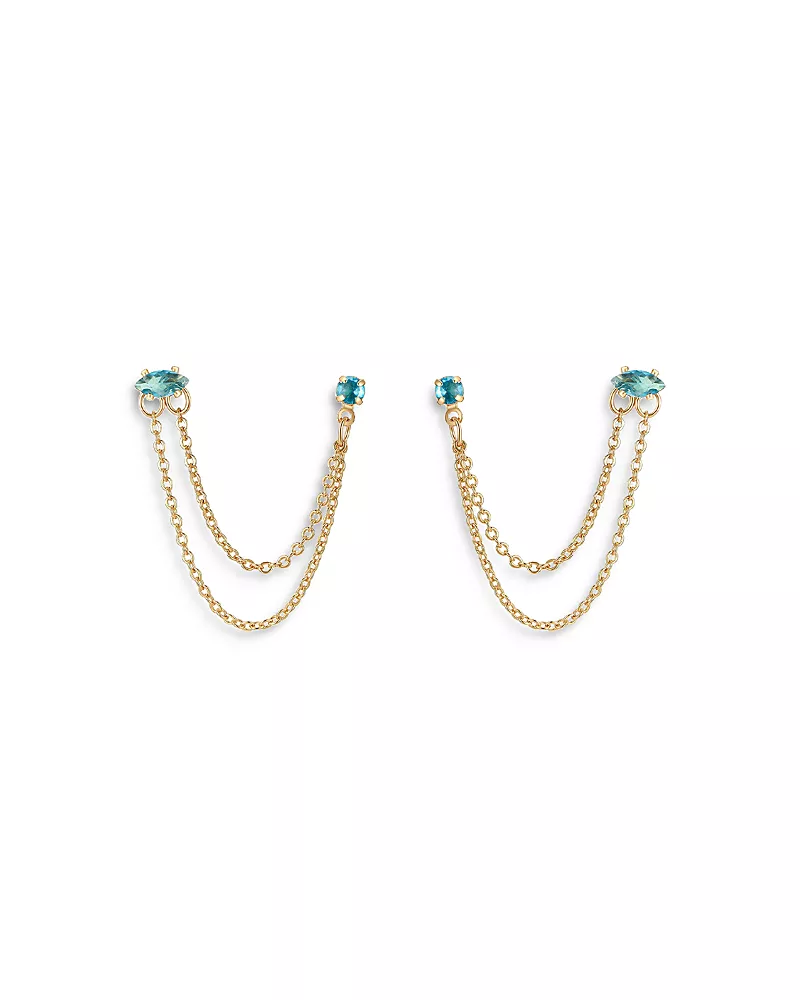 Ettika Blue Crystal & Looped Chains Double Piercing Drop Earrings in 18K Gold Plated