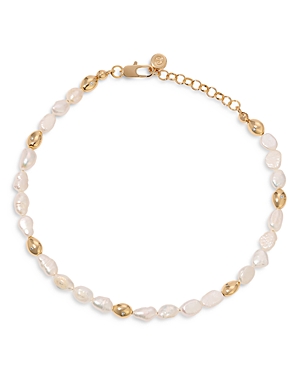 Pave & Cultured Freshwater Pearl Polished Pebble Beaded Ankle Bracelet in 18K Gold Plated