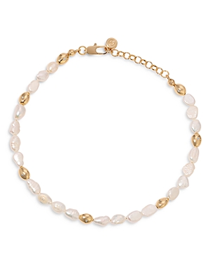 Ettika Pave & Cultured Freshwater Pearl Polished Pebble Beaded Ankle Bracelet In 18k Gold Plated In Ivory/gold