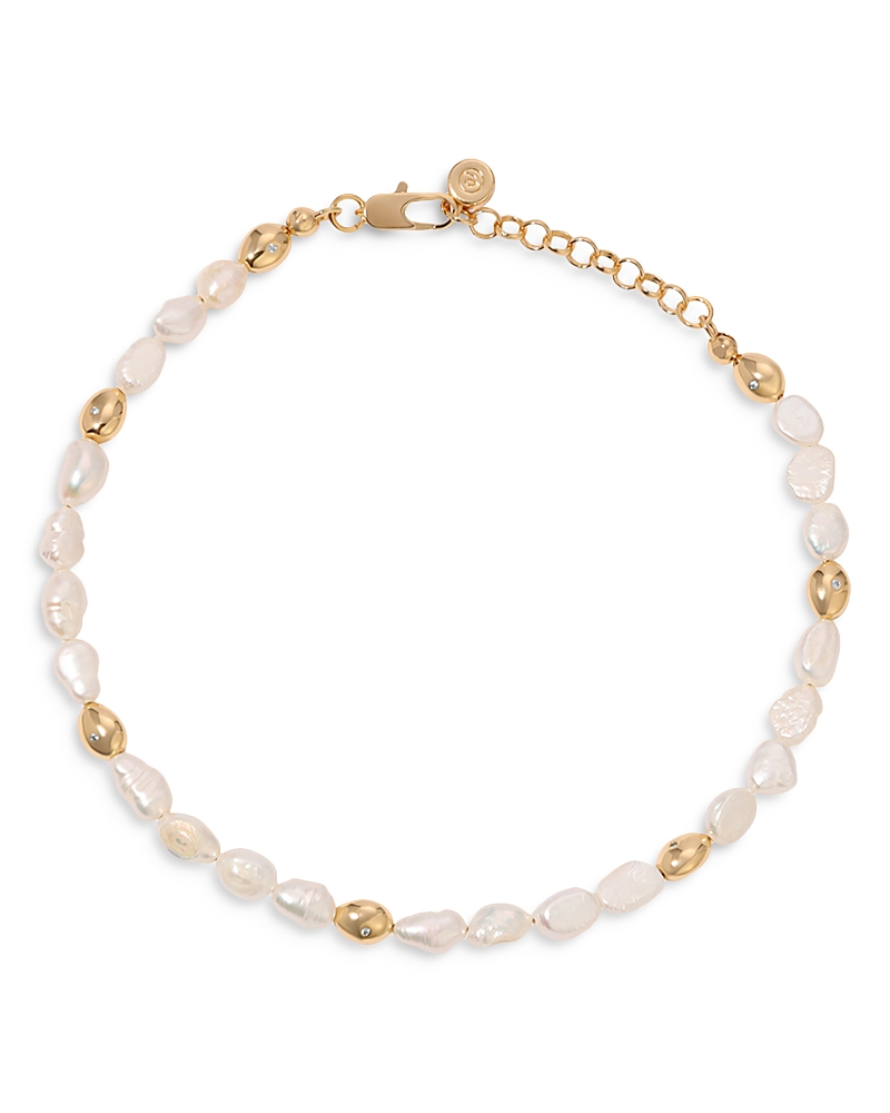 Ettika Pave & Cultured Freshwater Pearl Polished Pebble Beaded Ankle Bracelet in 18K Gold Plated