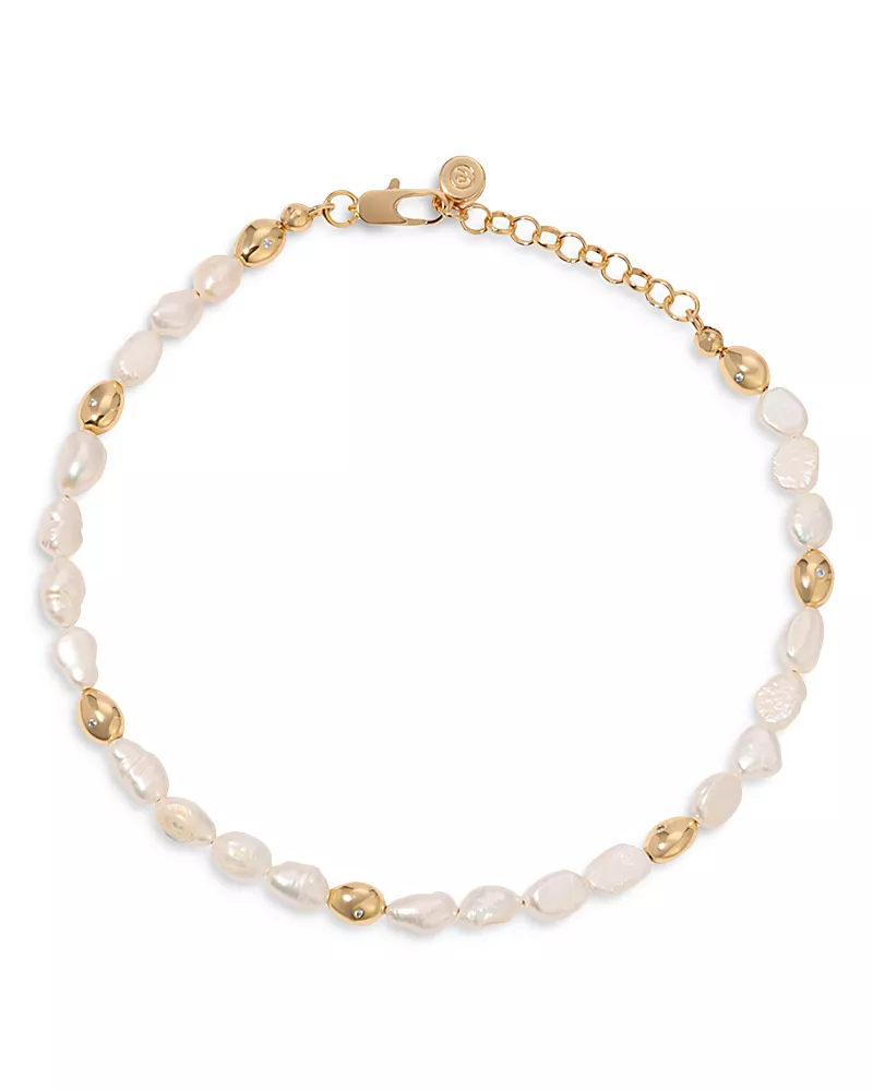 Ettika Pave & Cultured Freshwater Pearl Polished Pebble Beaded Ankle Bracelet in 18K Gold Plated
