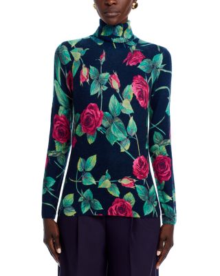Rose Print Turtleneck Cashmere Sweater - Exclusive