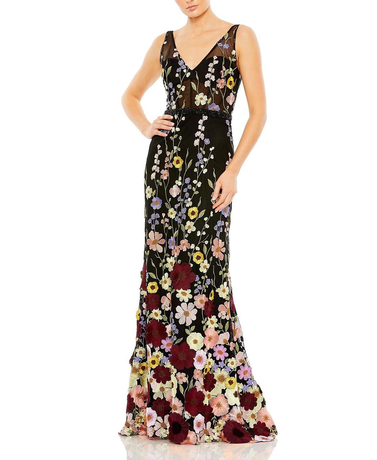 Mac Duggal Embroidered Tulle Sleeveless V Neck A Line Gown