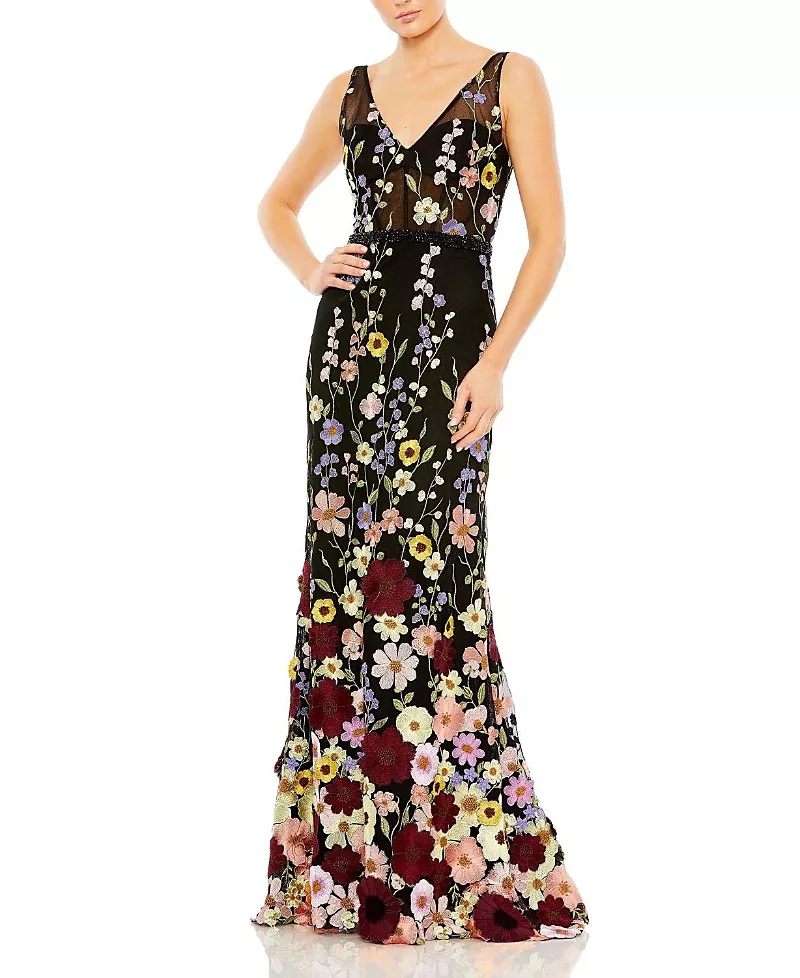 Mac Duggal Embroidered Tulle Sleeveless V Neck A Line Gown