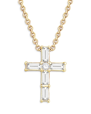 Shop Bloomingdale's Diamond Baguette & Round Cross Pendant Necklace In 14k Yellow Gold, 0.16 Ct. T.w.