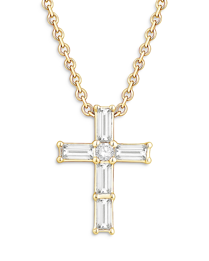 Bloomingdale's Fine Collection Diamond Baguette & Round Cross Pendant Necklace in 14K Yellow Gold, 0.16 tcw