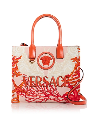 Shop Versace La Medusa Barocco Sea Small Canvas Tote In Coral Multi