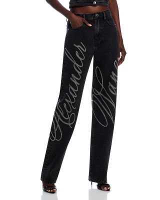 alexanderwang.t - High Rise Straight Leg Logo Rhinestone Script Jeans in Grey Aged