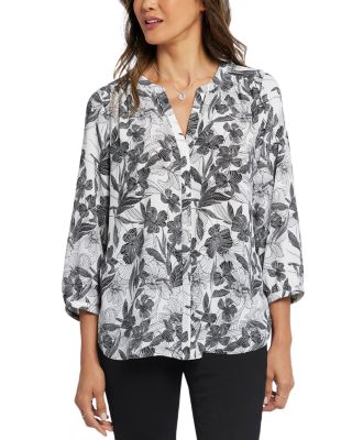 Nydj Three Quarter Sleeve Printed Pintucked Back Blouse