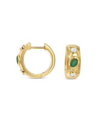Bloomingdale's Fine Collection Emerald & Diamond Bezel Huggie Hoop Earrings in 14K Yellow Gold