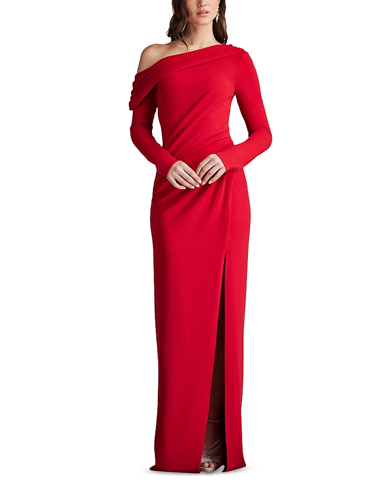 Tadashi Shoji Pleated One-shoulder Long Sleeve Crepe Gown In Red