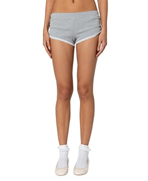 Edikted Kadence Ruched Lace Trim Shorts In Gray Melange