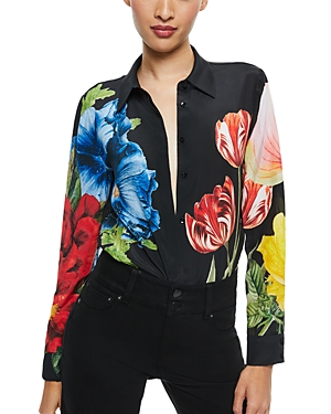 Alice And Olivia Willa Button Front Floral Silk Top In Black